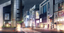 Shibuya The Shopping Center With Rainy, 2D Anime Background, Illustration.	
