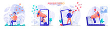 Advertising Concept Scenes Set. Advertisement Campaign In Social Networks, Attracting Clients, Business Promotion. Collection Of People Activities. Vector Illustration Of Characters In Flat Design