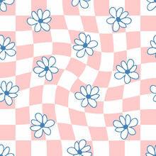 Hippie Aesthetic Seamless Pattern With Daisies In 1970s Style. Groovy Background For T-shirt, Poster, Card And Print. Floral Vector Illustration For Decor And Design.
