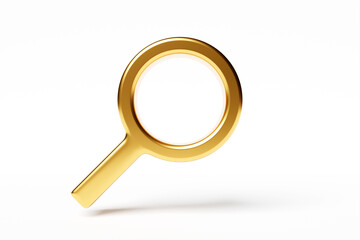 Fototapete - 3D illustration of a  golden magnifying glass with shadow  on white isolated  background