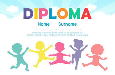 Wall Mural - Diploma template for kids flat style, Certificates kindergarten and elementary, Preschool, isolated on background vector illustration