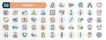 Health Outline Icons Set. Thin Line Icons Such As Lab Microscope, Teeth Black Shape, Woman With Flower, Injured Leg Of Man, Retirement, Bandaged Hurt Finger, Plaque, Yoga Mat, Executive Man, Male