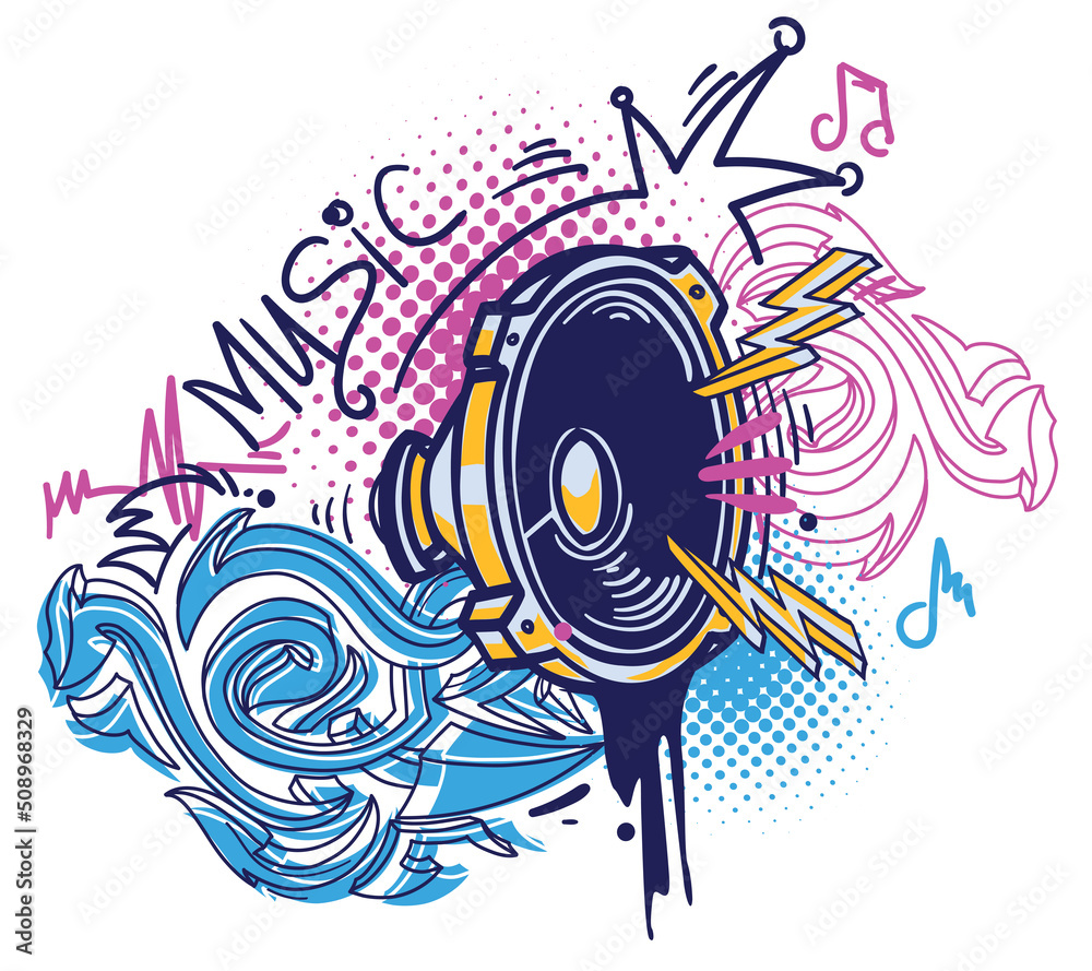 Colorful drawn music loudspeaker graffiti - musical design