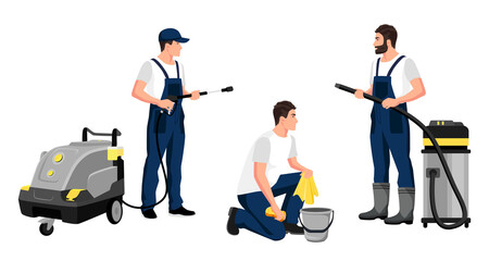 Set, collection isolated carwash workers with wash car tools, instruments. Young happy men in uniform, auto service professional job, vehicle care. Washing, cleaning car equipment. Vector illustration