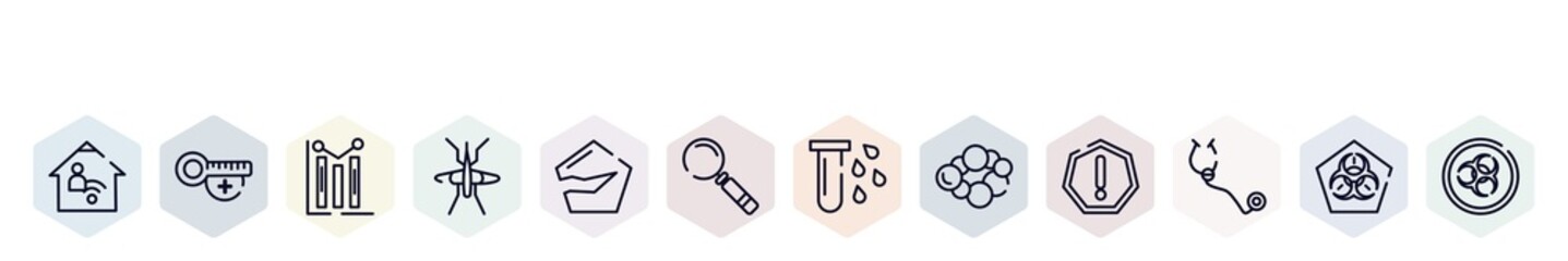 Poster - outline icons set. thin line icons such as telework, hot temperature, graph, mosquito, broken, magnifying glass, blood, cancer, stethoscope icon.