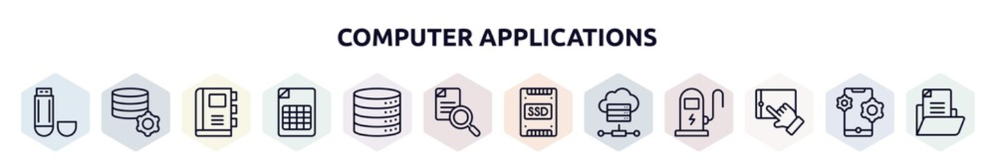 Poster - computer applications outline icons set. thin line icons such as usb flash drive, database management, appointment book, null, data storage, search file, ssd, online server, touchscreen