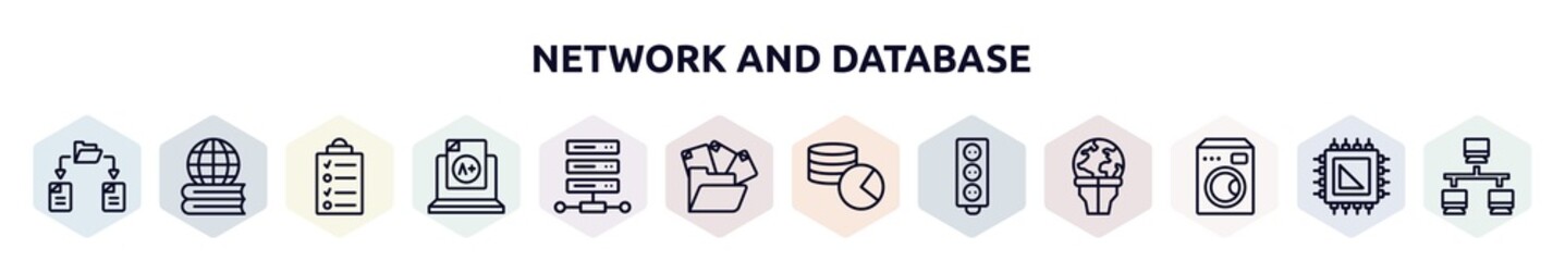 Poster - network and database outline icons set. thin line icons such as file sharing, learning, data list, grades, web hosting, unstructured data, database usage, circuit board, electric appliances