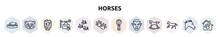 Horses Outline Icons Set. Thin Line Icons Such As Dog Resting, Panda Face, Mummy, Pet Hotel, Birds Group, Dog Paw, Hot Air Balloon, Vampire, Horse Running Icon.