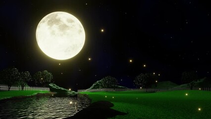 Wall Mural - Wide grasslands with pine trees and mountains alternate in background. Full moon night bright stars are filling the sky. Night mountain scenery with fireflies flying above the ground. 3D Rendering