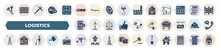 Set Of 40 Filled Logistics Icons. Glyph Icons Such As Wrench And Hammer Cross, Uploading Time, House With Tree Leaf, Oil Drum, Sun With Plug, Oil Tower, Worker With Shovel, Barrow Construction