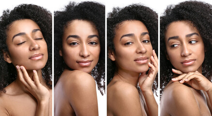 Poster - Set of beautiful young African-American woman on white background. Cosmetology concept