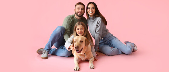 Sticker - Happy family with cute Labrador dog on pink background