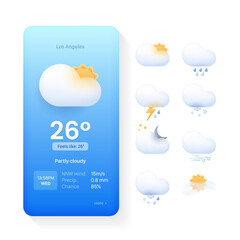 Сards for a weather widget. Weather icon set for a website or mobile app UI. Bright realistic 3d modern glass morphism elements in vector.