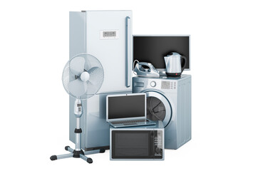Poster - Set of kitchen and home appliances. Refrigerator, washing machine, laptop, microwave, fan, iron, monitor. 3D rendering