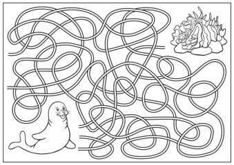 Poster - Kids maze game and labyrinth. Children education riddle and coloring book. Find way for the seal to treasure. Education activity page and worksheet. Cartoon sea vector illustration.