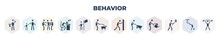 Filled Behavior Icons Set. Glyph Icons Such As Brushing Teeth, Child With Man, Three Men Conference, Man Snoozing, Man With Flag, Walking The Dog, Pushing, Wirth Carry, Selfie, Vector.