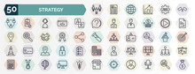 Set Of Strategy Web Icons In Outline Style. Thin Line Icons Such As Leader, Racing, Translator, Start, Award, Risk, Positioning, Balance, Medal, Focus Icon.