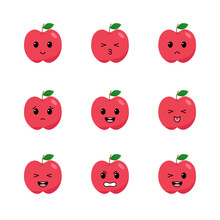 Set Of Red Apple With Kawaii Emotions. Flat Design Vector Illustration.