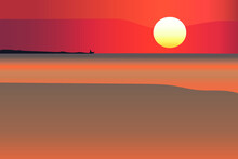 Sunset On The Beach. Sunset View With Orange Sea, Clouds In Orange Red Sky, Silhouette On Black Hills. Vector Cartoon Illustration Of Natural Scenery With Sunset.