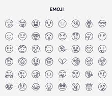 Set Of Emoji Web Icons In Outline Style. Thin Line Icons Such As Sleeping Emoji, Muted Emoji, Calm Shushing Broken Heart Shocked Disgusted Liar Puking Icon.