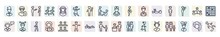 Set Of People Icons In Outline Style. Thin Line Icons Such As Rethink, Police Arresting Man, Girl Dancing, Stoh Ache, Vertical, Japan Geisha, Psychologist, Iying Down, Japanese Geisha Icon.