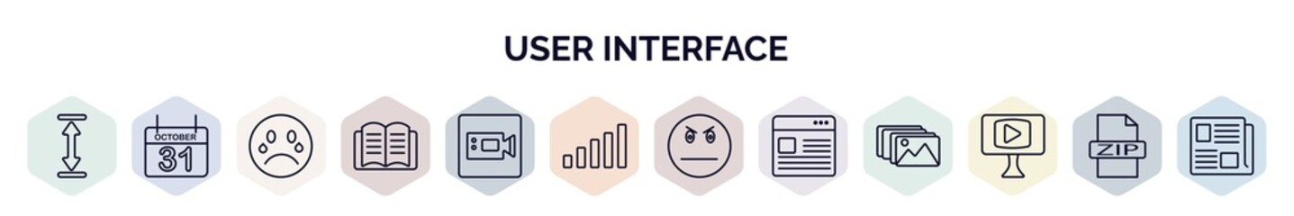 Poster - set of user interface web icons in outline style. thin line icons such as height, octuber 31, crying smile, book opened at center, facetime, level, angry smile, images interface, video in browser,
