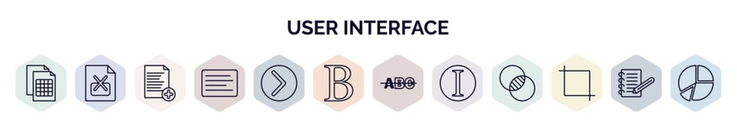 Poster - set of user interface web icons in outline style. thin line icons such as document with tables, remove right frame, add new document, left side alignment, right button, bold text, strikethrough,