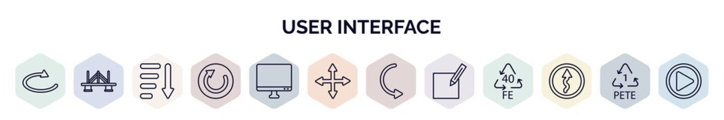 Poster - set of user interface web icons in outline style. thin line icons such as loop arrow, bridge, sorting, restart, display, four expand arrows, curved arrows, make, curvy road warning icon.