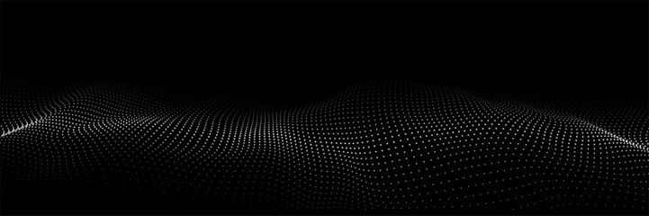 Futuristic digital wave. Dark cyberspace. Abstract vector wave with dots. White moving particles on background.