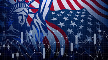 USA Flag Banner Background Design With The Statue Of Liberty And Economy, Digital Currency Data Diagram. Vector Illustration. 