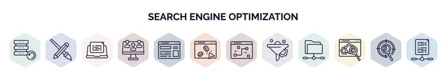 Poster - set of search engine optimization web icons in outline style. thin line icons such as backup, de, blogging, lead, site, pay per click, tactical, funnel, monitoring icon.