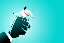 Vector Illustration Of Business Concept, A Man Grasped By Giant Hand