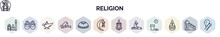 Set Of Religion Web Icons In Outline Style. Thin Line Icons Such As Islamic Mosque, Islamic Pray, Arabian Magic Lamp, Ruku Posture, Yarmulke, Ramadan Crescent Moon, Arabic Lamp, Islamic Friday