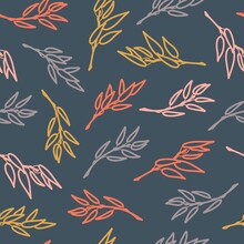 Stylish Seamless Vector Pattern With Colorful Foliage. Scandi Style Line Floral Texture. Abstract Autumn Leaves Background For Wrapping Paper, Packaging, Gift, Fabric, Wallpaper, Textile, Apparel.
