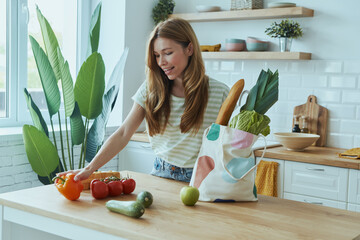 Wall Mural - Attractive young woman unpacking the bag with healthy food while standing at the domestic kitchen