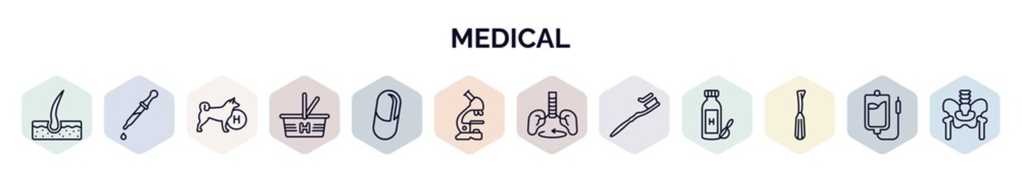 set of medical web icons in outline style. thin line icons such as dermis, eye dropper, canine, phary shopping cart, medical pill, microscope tool, breath control, brush with tooth paste, dentist