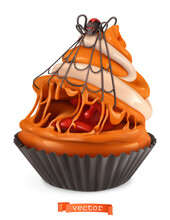 Halloween Cupcake. Funny Sweet Monster. 3d Vector Cartoon Illustration