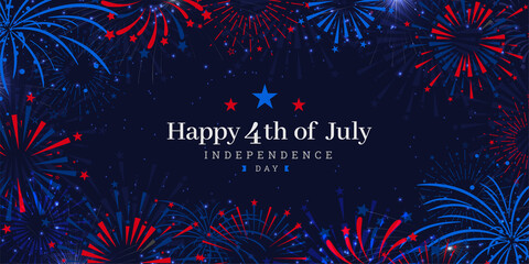 Sticker - United States of America 4th of July independence day celebration firework background on dark navy blue background. Vector illustration. 