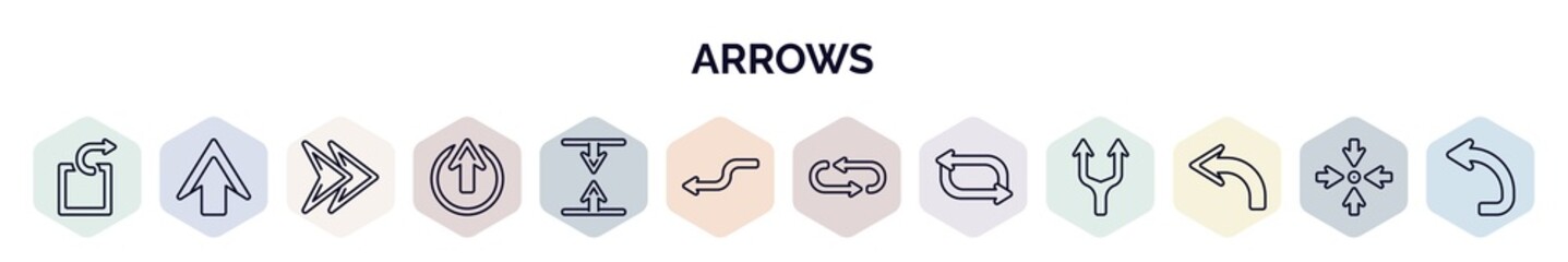 Poster - set of arrows web icons in outline style. thin line icons such as extract, up arrow, fast forward, enter up, vertical resize, curved left arrow, loop arrows, shuffle, backward icon.
