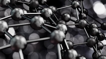 Realistic abstract looping DOF camera 3D animation of the moving silver metallic carbon fiber wireframe plexus pattern against light particles bokeh rendered in UHD