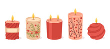 Cartoon Christmas Scented Candle, Wax Xmas Decorative Aromatic Candles. Winter Holiday Cozy Aroma Candles, Scented Candles Vector Symbols Illustrations Set. Xmas Candles Collection