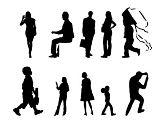 Vector illustration, Outline silhouettes of people, Contour drawing, people silhouette, Icon Set Isolated , Silhouette of sitting people, Architectural set	
