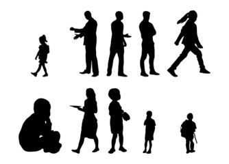 Vector illustration, Outline silhouettes of people, Contour drawing, people silhouette, Icon Set Isolated , Silhouette of sitting people, Architectural set	
