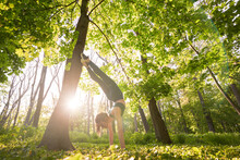 Athletic Slim Woman Exercising Balance In Handstand In Nature