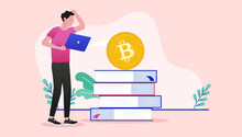 Bitcoin Education - Man Studying And Learning About Crypto Currencies Scratching His Head. Flat Design Vector Illustration