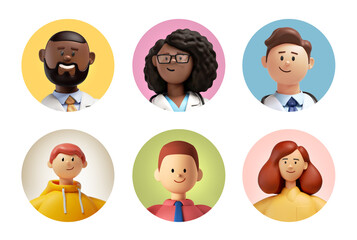 3d render, people avatar collection. Set of round stickers with cartoon character faces, user id thumbnail, modern icons for social account design. Portrait circles isolated on white background