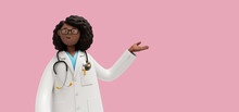 3d Render. African Woman Doctor In Glasses, Hand Gesture, Healthcare Professional. Black Female Cartoon Character Isolated On Pink Background. Medical Presentation
