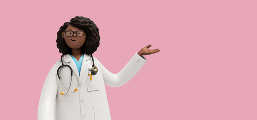 3d render. African woman doctor in glasses, hand gesture, healthcare professional. Black female cartoon character isolated on pink background. Medical presentation