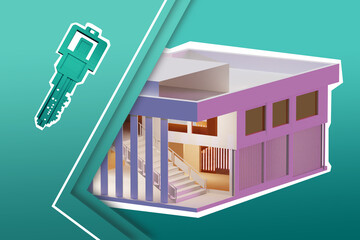 Poster - Modern key next to house. Concept is an electronic key to smart lock. Three-dimensional house with a modern key. Turquoise 3d collage on theme of keys to locks. Home protection. Modern locks.