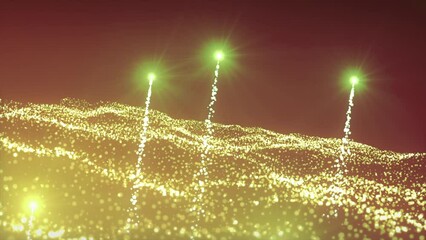 Poster - Bright rotating stream with luminous particles. Motion. Wavy stream of luminous particles with stars. Rising bright particles above wavy stream